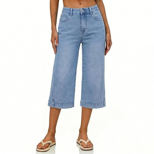 Jean 3/4 Femme Coupe Droite Coton, avec Poches, Bouton Zip, Style Streetwear Chic, Polyvalent pour Sortie Fête Voyage Quotidien
