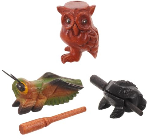 OATIPHO 3pcs Wooden Animal Guiro with Sticks for Latin Rhythm Frog Owl Cricket Percussion Instruments with Natural Croaking Sounds Educational Handheld Rhythm Sticks for Classroom