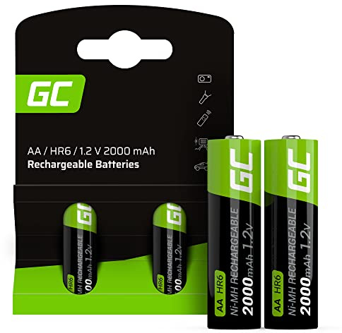 GREEN CELL Baterías Recargables 2000mAh 1.2V [Juego de 2 Piezas] Pilas Recargables AA Ni-MH Baja Autodescarga Precarga Alta Capacidad HR6, Recargable Precargadas