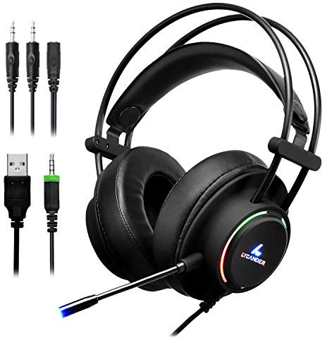 LYCANDER Gaming-Headset mit Mikrofon und LED-Licht, 3,5 mm Eingang, für PC, PS4, Xbox One, Nintendo Switch und mehr (Comfort - Schwarz und Regenbogen)