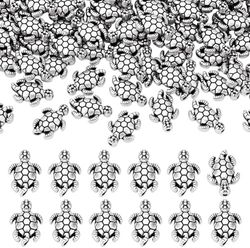 PandaHall 100pcs Schildkröte Spacer Perlen Schildkrötenperlen Tibetische Legierung Antik Silber Metall Perlen Charms für Armband Halsketten Schmuckherstellung Handwerkszubehör, 12.5x9mm