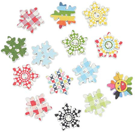 SiAura Material - 100 Stück Holzknöpfe Scrapbooking Weihnachten Schneeflocke 19mm x 18mm, zufällig gemischt, 2 Löcher I Zum Nähen, Basteln und Dekorieren
