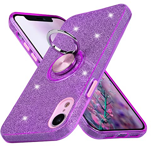 wisdompro Purple Glitter Case for iPhone XR 6.1 with Ring, for Girls Women | Cute Bling Sparkle Cover with 360° Ring Holder Stand, Anti-Scratch, Shockproof, Sparkly Girly Case for iPhone XR (6.1 Inch)