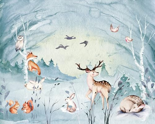 Komar Vlies Fototapete - Animal Sleepover - Größe: 350 x 280 cm (Breite x Höhe) - Babytapete, Waldtiere, Fuschs, Hase, Reh, Kinderzimmer, Tapete - IAX7-0038