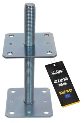 NAJDER Pfostenträger 80x80 mm Höhenverstellbar 250 mm Regulierbar Gewinde M24 mm Bodenfuß Silber Verzinkt Höhenverstellbar Betonfuß Zum Aufschrauben Stützenfuß (80x80x250 mm)