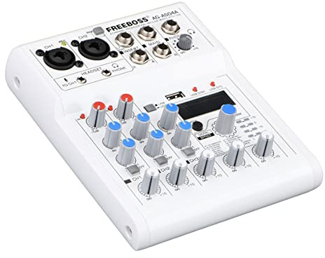 Mixeur DJ, interface audio professionnelle à 4 canaux avec table de mixage DJ et carte son USB, entrée MP3 48 V, alimentation fantôme, châssis en acier pour diffusion en direct/PC/studio