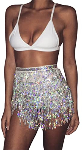 Yienate Disfraz de danza del vientre sexy para mujer, con flecos, lentejuelas, falda de cadera, borla, pañuelo de cadera, brillo, disfraz, rave, plata, Talla única