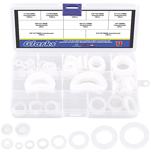 Glarks 71Pcs 10 Sizes Silicone Gasket Assortment Kit, Flat Hose Head Filter Universal Clear O-Ring Sealing Gasket Better Sealing Than Rubber Washers Flat Face O Ring Kit