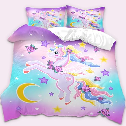 TULTOAP Ropa de Cama Unicornio 135 x 200 cm Rosa Niñas Juego de Ropa de Cama Lindo Dibujos Animados Arco Iris Unicornio Motivo Funda nórdica con Funda de Almohada (A,135 x 200 cm)