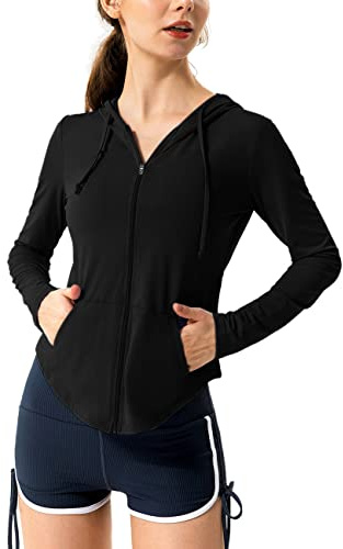 Hanyomo Damen Lange Ärmel UPF 50+ Sonnenschutz Jacke Mit Kapuze Fitness-Shirt mit Taschen YogaDurchgehender Reißverschluss Sportlich