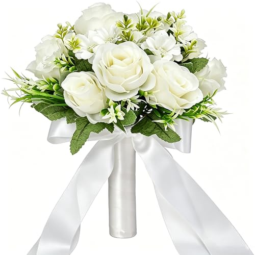 CYANLUX Wedding Bouquets for Bride Bridesmaid Bouquet Champagne White Artificial Roses Flowers for Wedding Valentine's Day Church Home Decoration (White)…