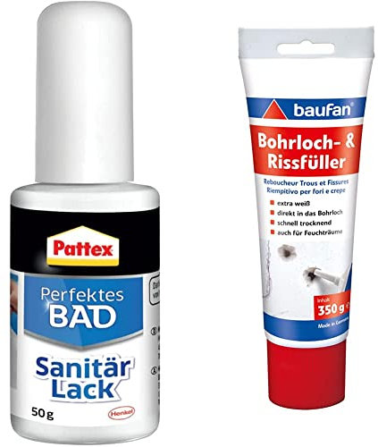 Pattex Perfektes Bad Sanitär Lack, weißer Fugenstift für die Reparatur von Rissen und Kratzern, schnell und wasserfest*, 1x50g & Baufan 4016215101421 Bohrloch- und Rissfüller Spachtelmasse, weiß
