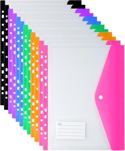 Plastic Wallets A4 Punched Pockets - 12pcs A4 Plastic File Folders for Document Paperwork Assorted Colours Envelope Folders with Label Pocket Side Opening School Office Stationery Supplies