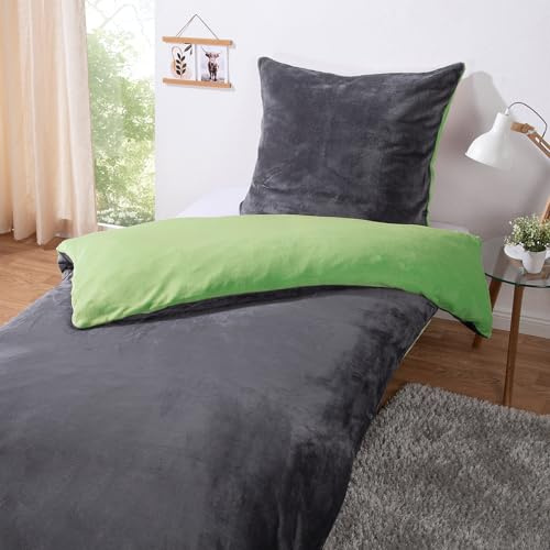 heimtexland Teddy Flanell Wende Bettwäsche Set I Winter Bettbezug I kuschelig weich und warm I Kopfkissen 80x80 I Bettdecke 135x200 I Cashmere Touch Geschenkidee Weihnachten Typ751 Grün