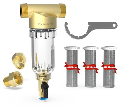 MewMore WHC40 Sediment Filter, 40 & 100 & 200 Micron Reusable Spin Down Sediment Water Filter, Whole House Water Filter for Well Water, Home Pre-filtration System, 1 MNPT + 3/4 FNPT + 3/4MNPT