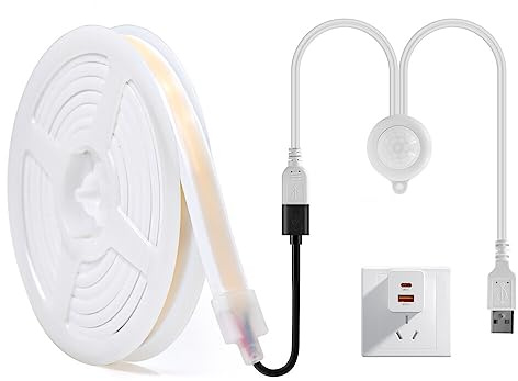 HEGEHE COB Neon LED Streifen mit Bewegungsmelder, 5V COB LED Strip Superhell Hohe Dichte, 320LEDs/M, LED Sensor Licht Diffusion Flex LED Schlauch für DIY Innenbeleuchtung Projekte (Naturweiß, 2M)