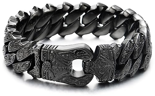COOLSTEELANDBEYOND Herren Vintage Schwarz Panzerkette Armband aus Edelstahl mit Tribal Tätowierung Muster, Retro-Stil, Männlich