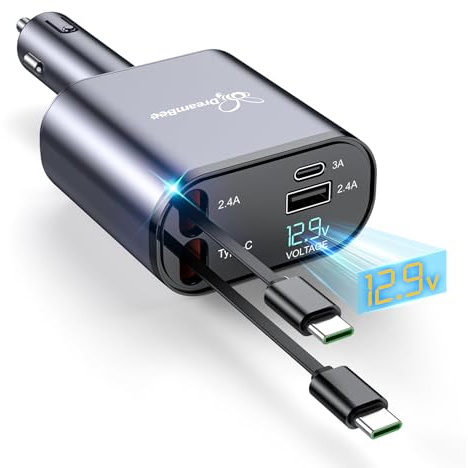 DreamBee Retractable Car Charger,66W Super Fast USB Car Phone Charger,Dual TypeC Retractable Cables Gifts for Men Women Car Truck Accessories for Samsung Galaxy S23+/S23,iPhone 17/16/15/ Pro Max, iPad