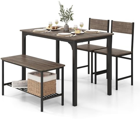 HOMASIS Set da tavolo da pranzo 4 pezzi, con 2 sedie e 1 panchina, set da pranzo industriale con struttura in metallo e scaffale di stoccaggio, set da tavolo da bar per cucina, sala da pranzo (grigio)