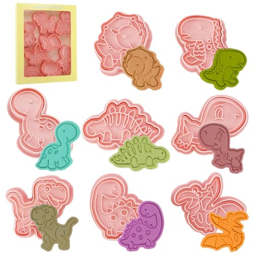 8 Stück Dinosaurier Ausstechform,Ausstechformen Plätzchen Dinosaurier,Ausstecher Dinosaurier 3D,Dino Stempel Plätzchen Ausstecher,Keksausstecher Kinder