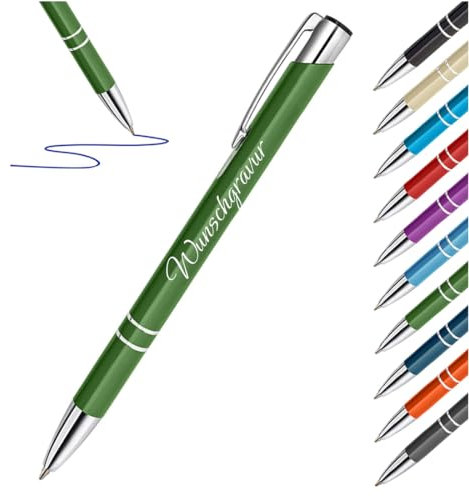 polar-effekt 1 Stück Metall Kugelschreiber in Grün mit Gravur - Stifte mit Namen - personalisierte - Kuli Geschenk-Idee - Bürobedarf für Firmen - blaue Mine