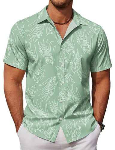 COOFANDY Men's Beach Shirts Short Sleeve Button Up Floral Summer Hawaiian Shirts for Men Light Green