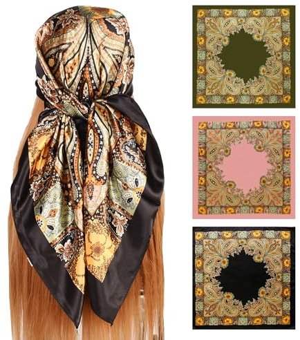 3 Pañuelos Cuadrados Versátiles De Seda y Satén 90*90 Cm - Estampado Grande, Elegante Para Mujer - Adecuado Para Playa, Desplazamientos, Decoración