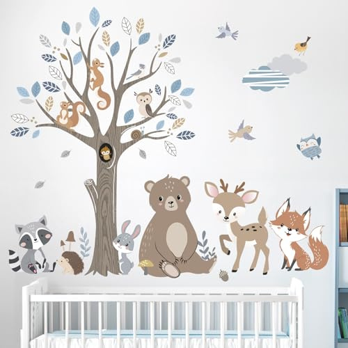 decalmile Stickers Muraux Animaux Forêt Arbre Boho Autocollant Mural Ours Cerf Renard Décoration Murale Chambre Enfants Bébé Pépinière