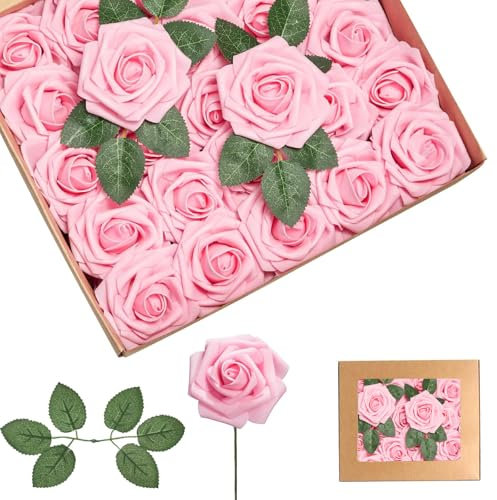 25Pcs Tender Pink Artificial Roses, Real Touch Foam Roses with Stems, 4 Leaves, Artificial Flowers for Wedding, Bridal Bouquets, Cake, Grave Stone, Table Centerpieces, Baby Shower, Funeral Decoration