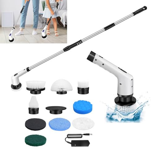 10 In 1 Reinigungsbürste Elektrisch Handgerät Fliesenreiniger, Bodenwischer Elektrisch Mit Verstellbarem Verlängerungsarm, 2 Einstellbare Geschwindigkeit LED Electric Cleaning Brush Für Bad Und Auto