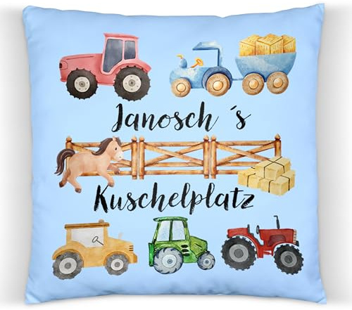 ZauberPrints Kissen Kuschelplatz – Personalisiertes Kissen mit Bauernhof- und Traktor-Motiv, Kinderzimmer Deko für Jungen & Mädchen, Geschenk zur Geburt, Taufe & Geburtstag, Weicher Kissenbezug