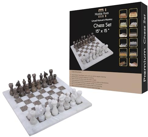 Marble Hives 15 Zoll Luxus Chess Set - Schachbretter für Erwachsene - Klassische Schachsets für Erwachsene mit handgefertigtem Steinbrett & Schachfiguren (White & Grey)