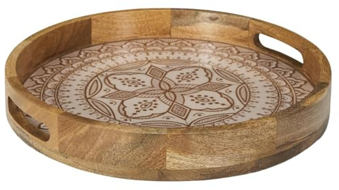 HOME DECO FACTORY - KA0577 Bandeja Redonda de Madera de Mango Dune Terracotta, Diseño Elegante, Servicio de Mesa, Decoración, D35 cm, Colores Marrón, Blanco, Naranja
