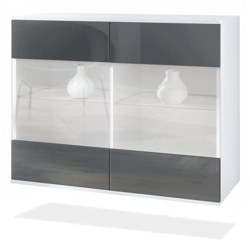 Vladon Kommode Bari V3, Moderner Küchenschrank mit 2 großen Glastüren inkl. RGB Beleuchtung Weiß matt/Grau Hochglanz (92,5 x 73.5 x 35)