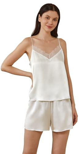 Mommesilk Seidenpyjama für Damen Pyjama-Set aus Leaver-Spitze 2-teiliges entspanntes Camisole-Oberteil mit Shorts waschbar Sommerweiß Größe XL