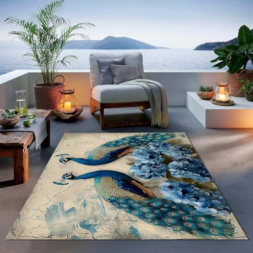 Bedruckt Retro-Tier schöner Pfau Flanell Blau Gelb Teppich rutschfeste Türmatte Kunst Dekoration Spielteppich Geburtstag Geschenk Leicht zu reinigen und zu pflegen 180 x 250 cm