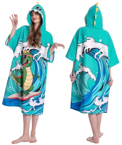 OLAOLA Changing Robe Towel Poncho, Adult Surf Poncho Towel with Hood and Pocket, Oversized Soft Absorbent Quick Dry Swim Beach Towel for Women Men, Surfing Dinosaur