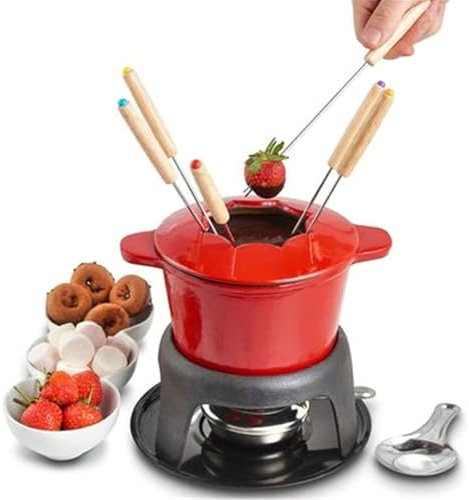 Juegos de fondue de queso, olla for derretir chocolate con 6 tenedores for fondue, paleta de madera, quemador de fondue, revestimiento antiadherente, fondue de chocolate, for tostar malvaviscos