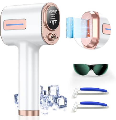 VivaEase Dispositivo de depilación, sistema de depilación láser IPL con 9 niveles de energía ajustables para piernas, dispositivo de depilación de refrigeración por hielo con 2 modos de flash para