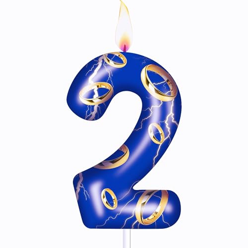 Number 2 Blue Golden Rings Birthday Cake Topper Candle Safe Wax Candles for Boys Girls Cartoon Theme Party Decor, Baby Showers Holiday Celebrations