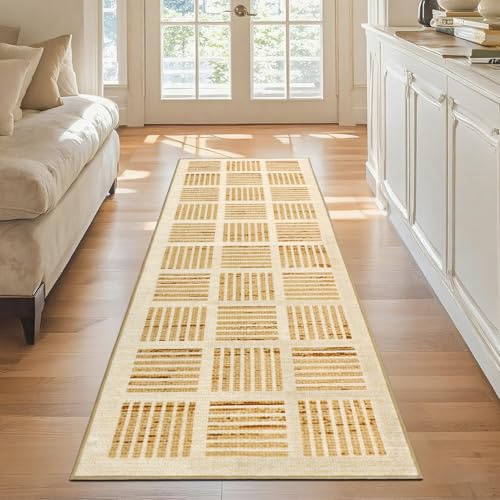 TUKDAK Karierter Teppich Läufer fürs Flur 60x180cm, Waschbarer Rutschfester Teppich mit Gummiunterlage – Moderner Bodenläufer für Küche, Eingangsbereich, Badezimmer, Schlafzimmer, Waschraum (Braun)