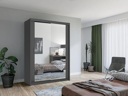 Krudox LUX Grau Schiebetürenschrank Kleiderschrank 150x216x62 cm mit Spiegel - Schlafzimmermöbel, Aufbewahrung – Mehrzweckschrank mit 2 Kleiderstangen