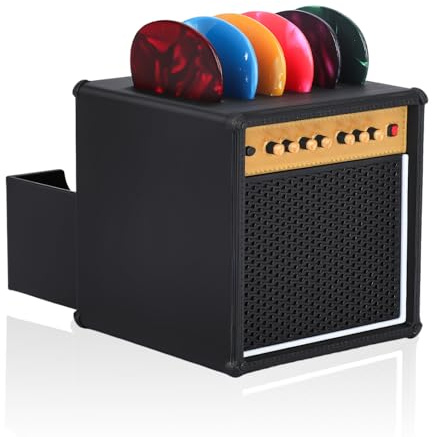 Guitar Picks Holder Box, Guitar Pick Display Holder, Amp Speaker Styled Pick Holder with 5 Celluloid Guitar Picks, Guitar Pick Storage Box Set for Guitar Players and Music Enthusiasts