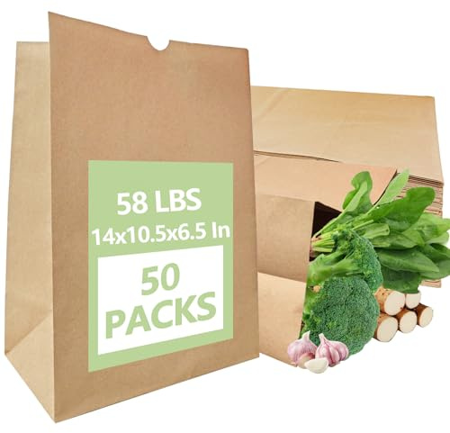 MAXTBEE 50 Pack Paper Kraft Paper Bags,58 Lbs Heavy Duty Large Grocery Brown Bag,14x10.5x6.5 Inch Bags for Storage,Take out,Shopping,Sacks