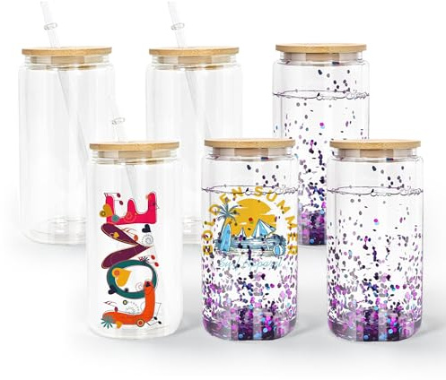 AGH life 6 Stück Sublimation Glasbecher Blanko, 473 ML Schneekugelbecher Transparente Doppelwandige Trinkgläser mit Bambusdeckel, Sublimationsbecher Kaffeetasse Trinkbecher für Kaffee, Milch, Soda