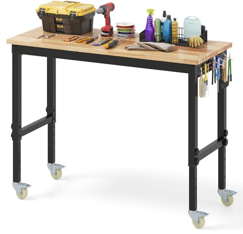 GYMAX Établi de Travail Bricolage pour Atelier Garage, Hauteur Réglable 74-104cm, Table de Travail à roulettes Verrouillables, Crochet pour Suspension d'Outils, Capacité 1100 KG