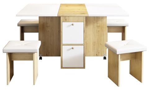 Folding & Extending Dining Table Set with 4 Chairs, Multifunctional Sturdy Chipboard Table for Dining Room & Workspace, Easy Assembly, White & Oak Finish, 120x80x75 cm