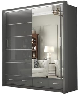 DELUXEWARE Modern 2 & 3 High Gloss Sliding Door Wardrobe with Mirror & Led Light – MDF Bedroom Wardrobe with Drawers, Hanging Rail, & Shelves for Bedroom Furniture (Grey, 208cm)