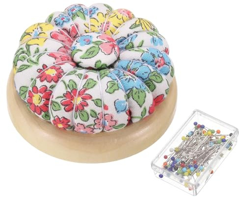 QUARKZMAN Portaspilli con 50 Spilli, Cuscino per Aghi Stile Giapponese, Portaaghi Magnetica con Base in Legno per Cucito, Trapunta, Ricamo, Lavoretti Fai da Te, Bianco Floreale