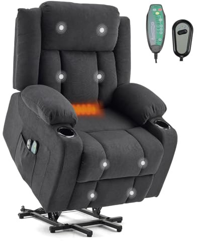 LEADZM Fernsehsessel Relaxsessel mit Aufzug Elektrisch Massagesessel | mit Liegefunktion Aufstehhilfe, Massage Heizung 2 Seitentaschen Getränkehalter, Liegen TV Sessel Schwarz